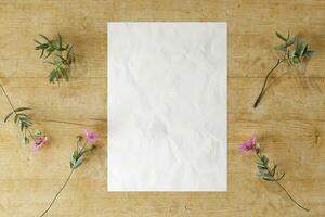 Poster mockup rustic wooden with plants photo
