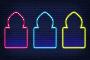 Ramadan islamic frame. Vector neon arch shape on dark background. Muslim door and window. Arabian bright template set.