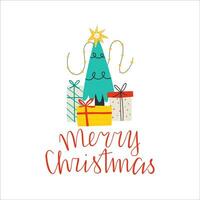 A Christmas tree with gifts and the inscription Merry Christmas. Greeting card. Vector illustration in flat style.