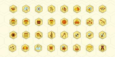 Honey icon set vector. Bee, flower, honey jar, spoon, bear, bee hive. Beekeeping products, symbols. vector