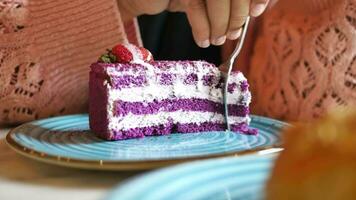 cutting A piece of purple velvet cake with cream video