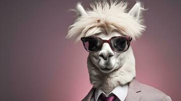 AI generated Close up view of alpaca wearing glasses photo