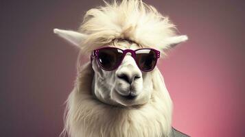 AI generated Close up view of alpaca wearing glasses photo