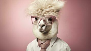 AI generated Close up view of alpaca wearing glasses photo