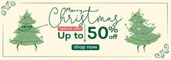 Sale Web Banner with Kawaii Doodle Christmas Tree Dancing. Children's handmade naive style. Simple New Year character. Happy spruce concept. Motivation to buy, discounts, promotions vector