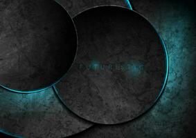 Black grunge tech circles with blue neon lights abstract background vector