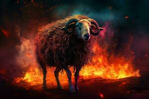 AI generated Nightmare ram burning in fire flames. Generate ai photo