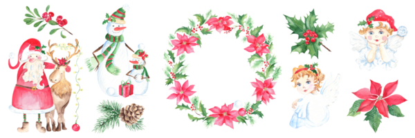 Set of Christmas illustrations two angels, cute snowman family and Santa Claus with a reindeer, winter plants and wreath pine branches with cone, red poinsettia, holly and cowberry. Watercolor. png