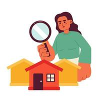 Searching suburban homes for sale 2D illustration concept. Woman purchase house in suburbs isolated cartoon character, white background. Magnifying glass property metaphor abstract flat vector graphic