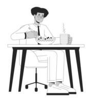 Latino man employee eating healthy food black and white 2D line cartoon character. Male latin american worker isolated vector outline person. Company lunchtime monochromatic flat spot illustration