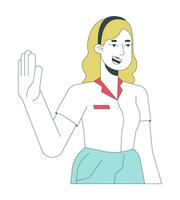 Blonde caucasian employee gen z 2D linear cartoon character. Young adult woman goodbye waving isolated line vector person white background. Formalwear female smiling color flat spot illustration