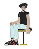 Latino sunglasses man sitting ready for vaccine 2D linear cartoon character vector