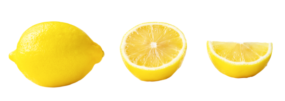 uppsättning av hela gul citron- med halv och fjärdedel skiva isolerat med klippning väg png