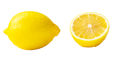 Single fresh beautiful yellow lemon with half in set isolated in png file format Front view and flat lay