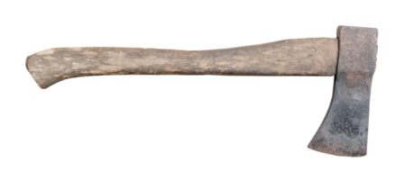 Old rust dirty dark gray axe with brown wooden handle isolated with clipping path in png format