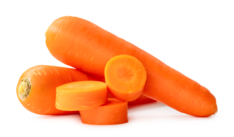 Two fresh orange carrots with slices in stack isolated with clipping path and shadow in png file format Close up of healthy vegetable root