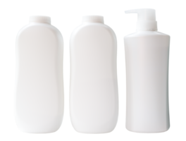 Set of three white shampoo or hair conditioner and powder bottle or container isolated with clipping path in png file format