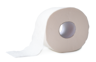 Single roll of white tissue paper or napkin prepared for use in toilet or restroom isolated with clipping path and shadow in png file format