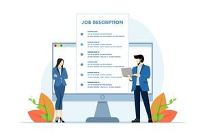 Job description concept, job position qualifications and requirements, job scope, job duties and responsibilities, businessman writing job description document. flat vector illustration.