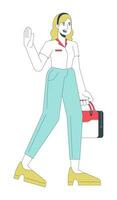 Happy office worker female leaving office 2D linear cartoon character. Blonde caucasian employee isolated line vector person white background. Goodbye businesswoman color flat spot illustration