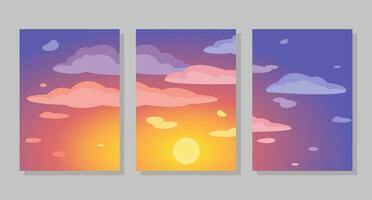 Set of sky background, frames. Sunset and clouds. Vector illustration. Social media banner template for stories, posts, blogs, cards, invitations.