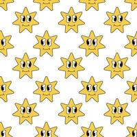 Retro 70s 60s 80s Hippie Seamless Pattern with Groovy Star. Smiling Character. Vector flat background.