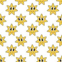 Retro 70s 60s 80s Hippie Seamless Pattern with Groovy Star. Smiling Character. Vector flat background.