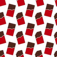 Seamless pattern with red packaging chocolate bars. Whole and bitten chocolate bar. Cartoon style. Vector flat background.