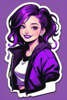 AI generated Beautiful girl in purple jacket. Sticker vector illustration. Pop art style. photo