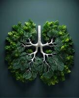 AI generated Human lungs made of green leaves and roots on dark background. 3D rendering. photo