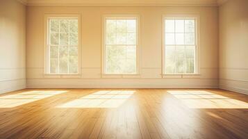 AI generated Generative AI, Light empty modern room with wooen floor and glare from the window, interior background for the presentation photo