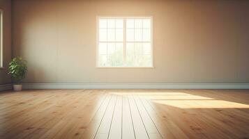 ai generado generativo ai, ligero vacío moderno habitación con cortejar piso y destello desde el ventana, interior antecedentes para el presentación foto