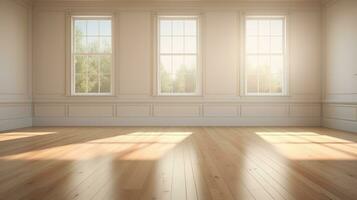 ai generado generativo ai, ligero vacío moderno habitación con cortejar piso y destello desde el ventana, interior antecedentes para el presentación foto