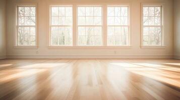 ai generado generativo ai, ligero vacío moderno habitación con cortejar piso y destello desde el ventana, interior antecedentes para el presentación foto