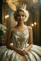 AI generated Beautiful blonde girl in a wedding dress with a crown on her head photo