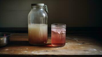 AI generated Generative AI, Homemade fermented kombucha drink, healthy tea, natural probiotic flavored drink photo