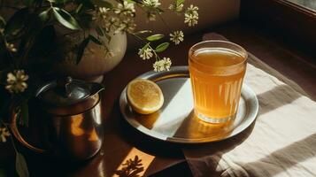 AI generated Generative AI, Homemade fermented kombucha drink, healthy tea, natural probiotic flavored drink photo