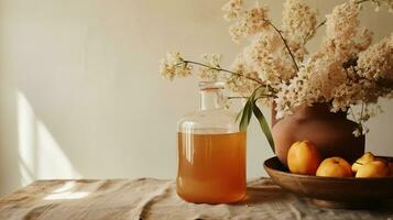 AI generated Generative AI, Homemade fermented kombucha drink, healthy tea, natural probiotic flavored drink photo