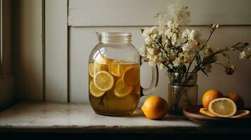 ai generado generativo ai, hecho en casa fermentado kombucha beber, sano té, natural probiótico sazonado bebida foto