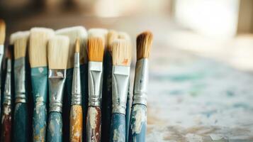 AI generated Generative AI, colorful used brushes in an artist's studio, aesthetic muted colors photo