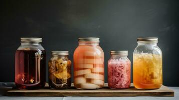 AI generated Generative AI, Homemade fermented kombucha drink, healthy tea, natural probiotic flavored drink photo