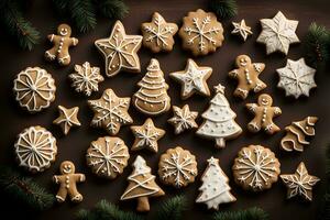 AI generated Christmas cookies and gingerbread on a black background. AI Generative photo