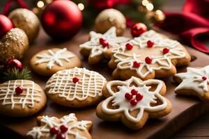 AI generated Christmas gingerbread cookies with decoration on wooden background. AI Generative photo