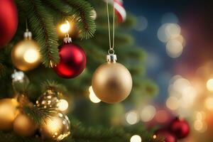 AI generated Christmas ornaments hanging on the Christmas tree with lights behind. AI Generative photo