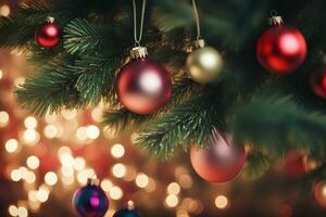 AI generated Christmas ornaments hanging on the Christmas tree with lights behind. AI Generative photo
