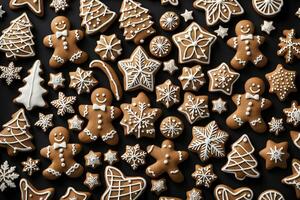AI generated Christmas cookies and gingerbread on a black background. AI Generative photo