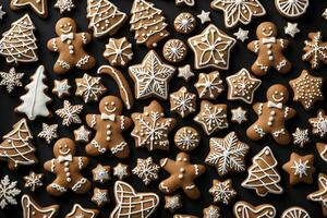 AI generated Christmas cookies and gingerbread on a black background. AI Generative photo