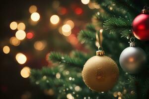 AI generated Christmas ornaments hanging on the Christmas tree with lights behind. AI Generative photo