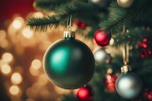 AI generated Christmas ornaments hanging on the Christmas tree with lights behind. AI Generative photo