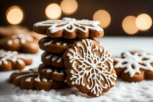 AI generated Christmas gingerbread cookies in the form of snowflakes on a white background. AI Generative photo